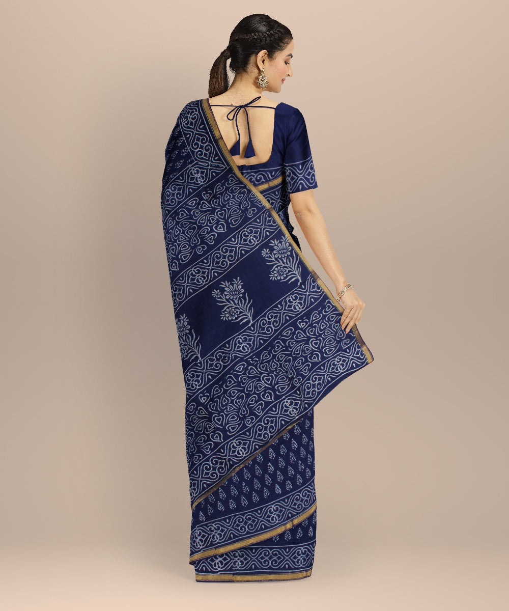 Handwoven navy blue cotton silk hand block printed chanderi saree