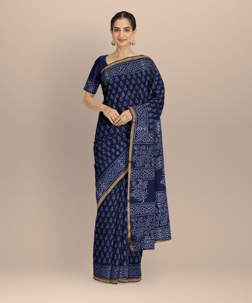 Handwoven navy blue cotton silk hand block printed chanderi saree