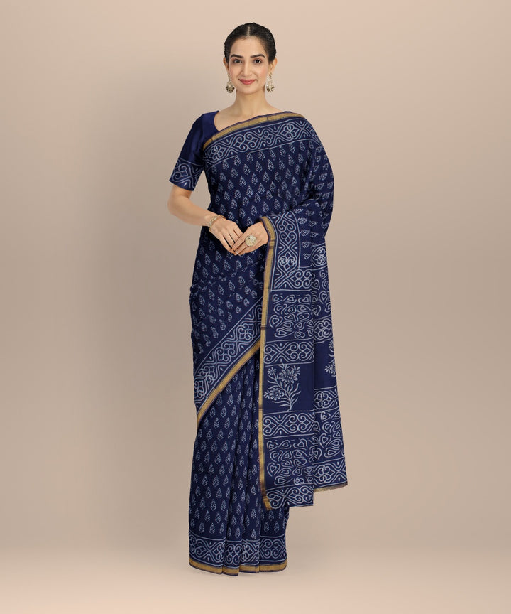 Handwoven navy blue cotton silk hand block printed chanderi saree