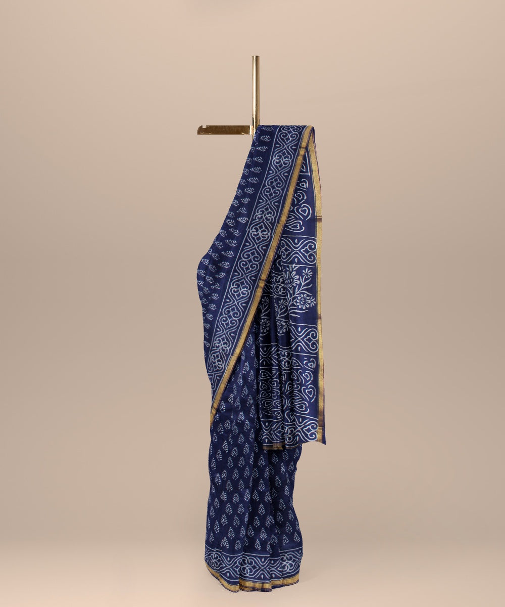 Handwoven navy blue cotton silk hand block printed chanderi saree
