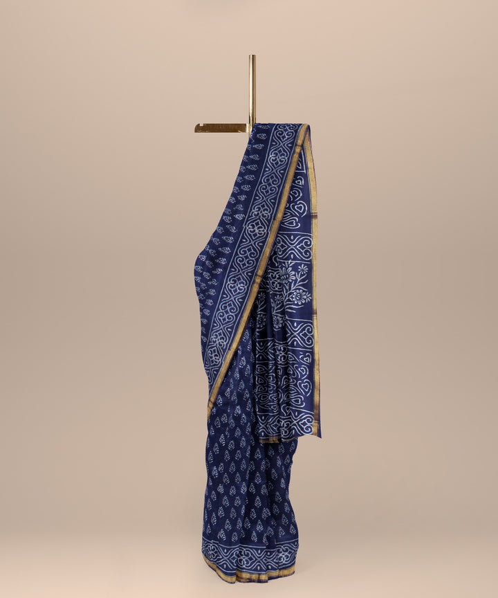 Handwoven navy blue cotton silk hand block printed chanderi saree
