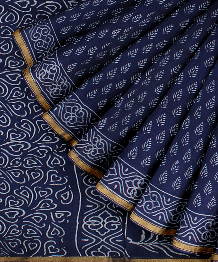 Handwoven navy blue cotton silk hand block printed chanderi saree