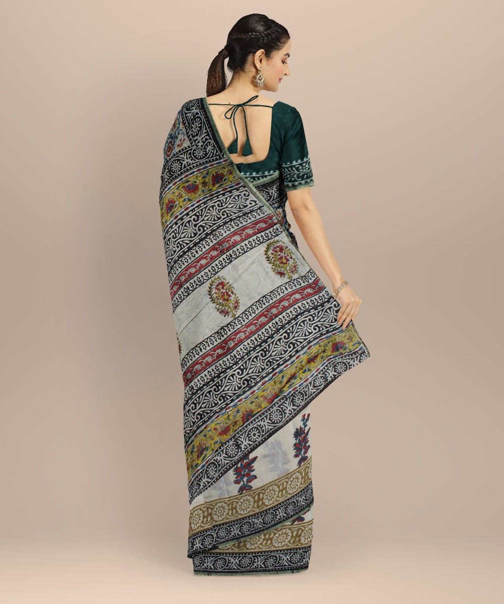 Handloom grey hand block printed chanderi cotton silk saree