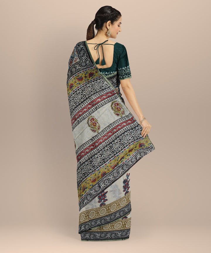 Handloom grey hand block printed chanderi cotton silk saree