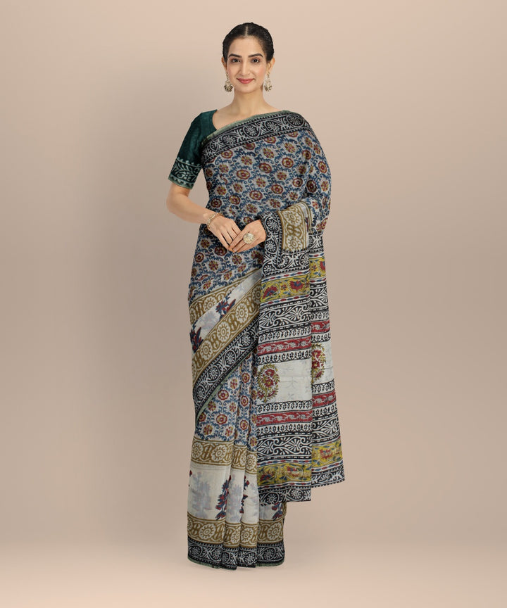 Handloom grey hand block printed chanderi cotton silk saree