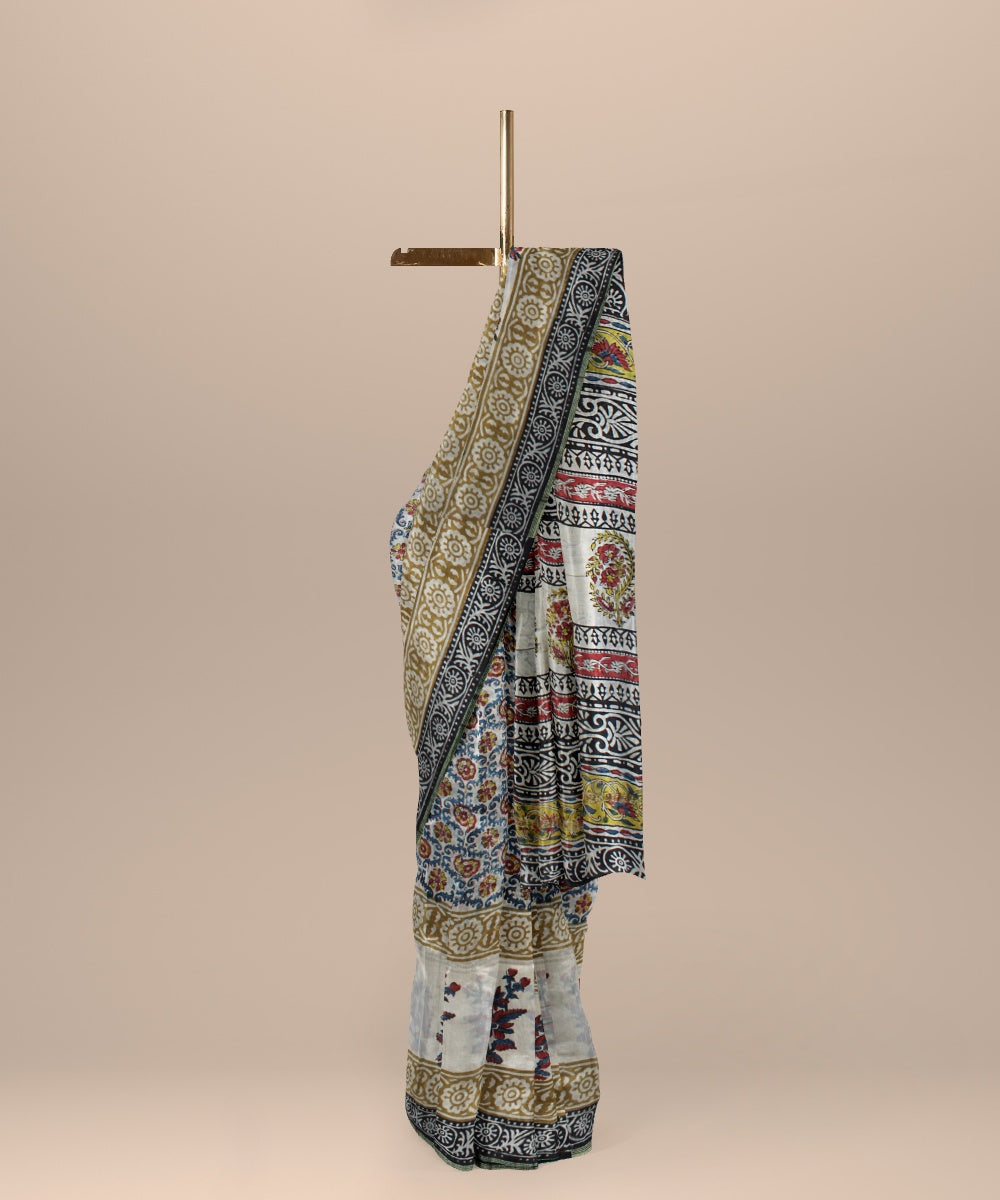 Handloom grey hand block printed chanderi cotton silk saree