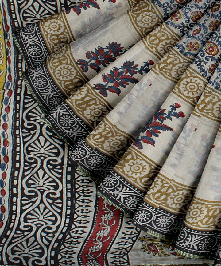 Handloom grey hand block printed chanderi cotton silk saree