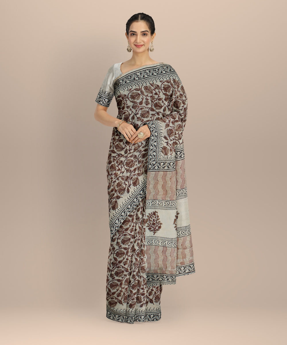 Beige maroon handloom hand block printed chanderi cotton silk saree