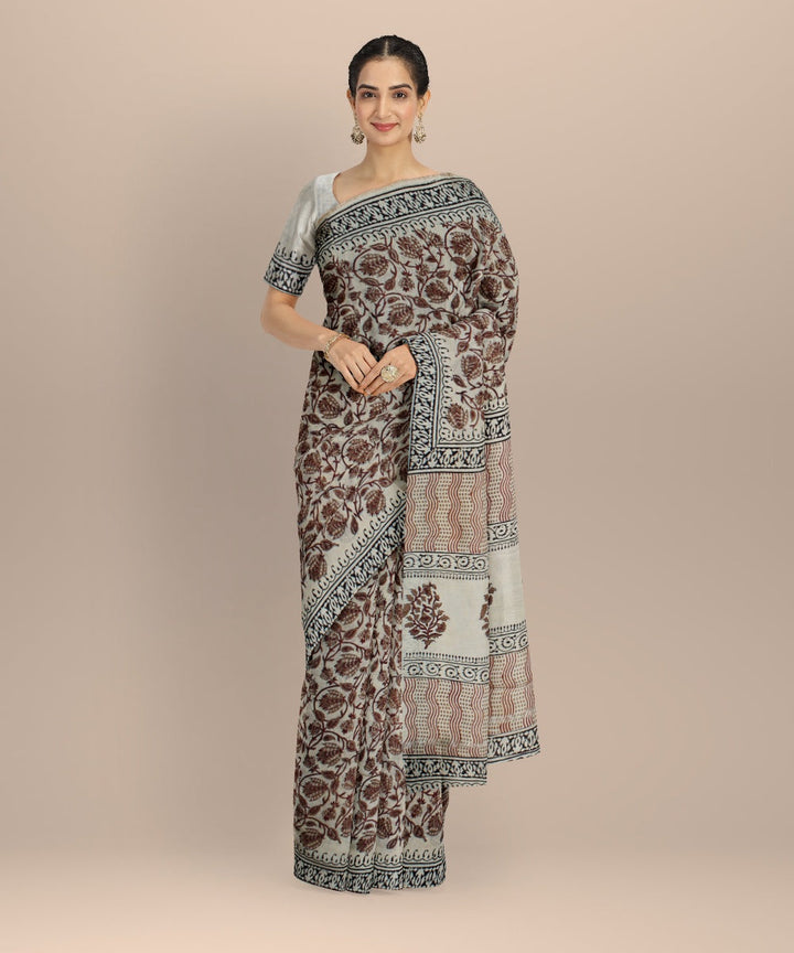 Beige maroon handloom hand block printed chanderi cotton silk saree