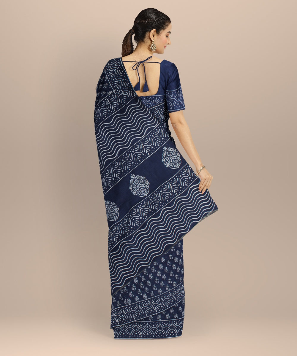 Navy blue cotton silk handloom hand block printed chanderi saree
