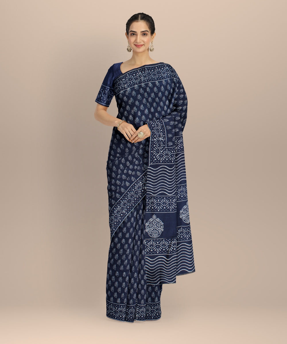 Navy blue cotton silk handloom hand block printed chanderi saree