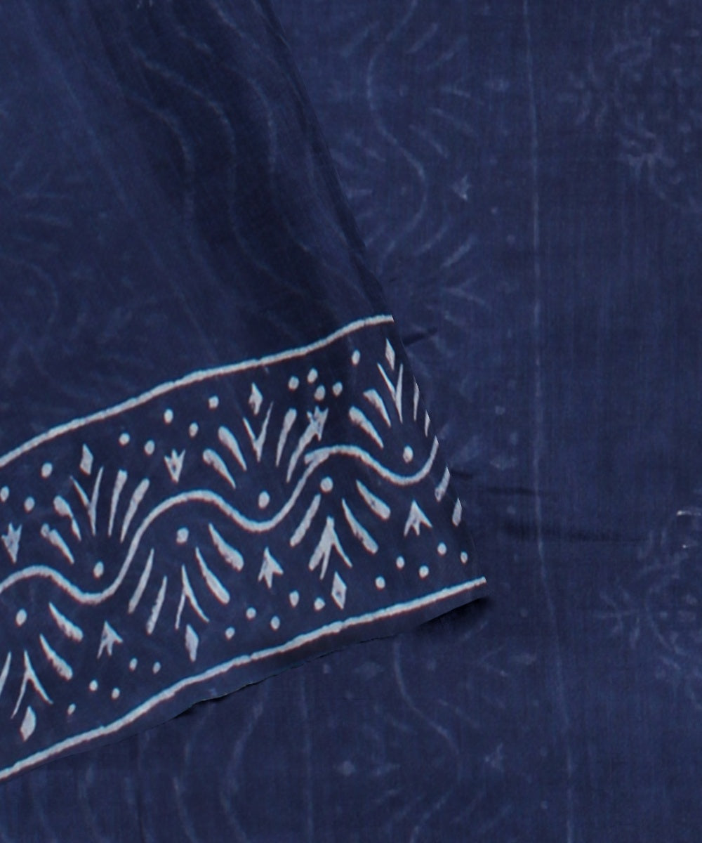 Navy blue cotton silk handloom hand block printed chanderi saree
