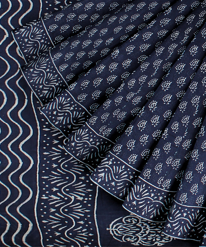 Navy blue cotton silk handloom hand block printed chanderi saree