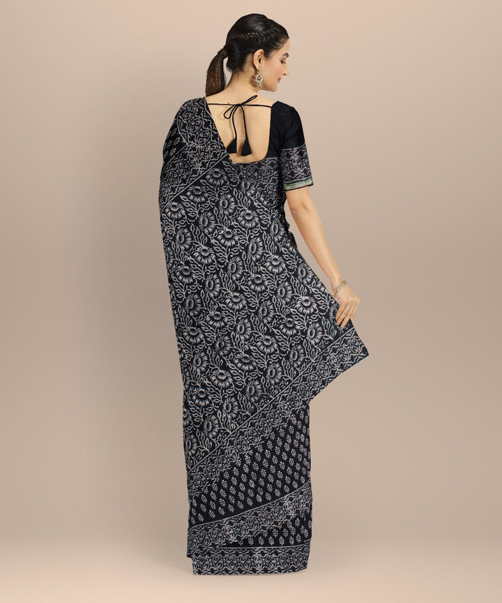 Handloom black cotton silk hand block printed chanderi saree
