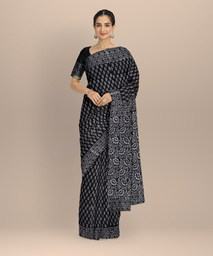 Handloom black cotton silk hand block printed chanderi saree