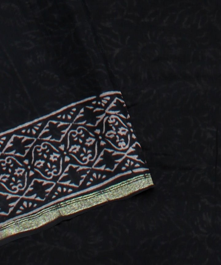 Handloom black cotton silk hand block printed chanderi saree