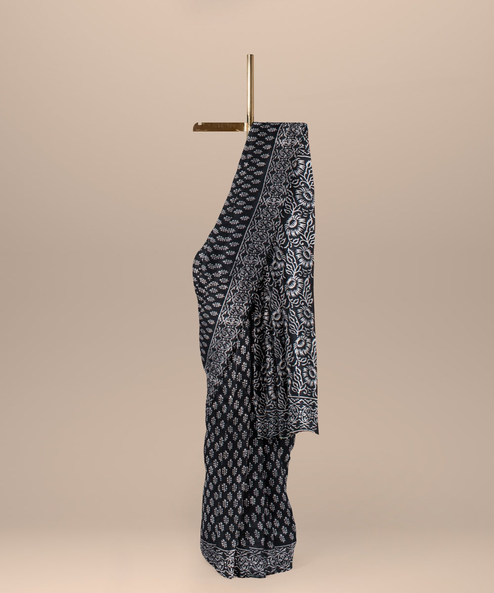 Handloom black cotton silk hand block printed chanderi saree