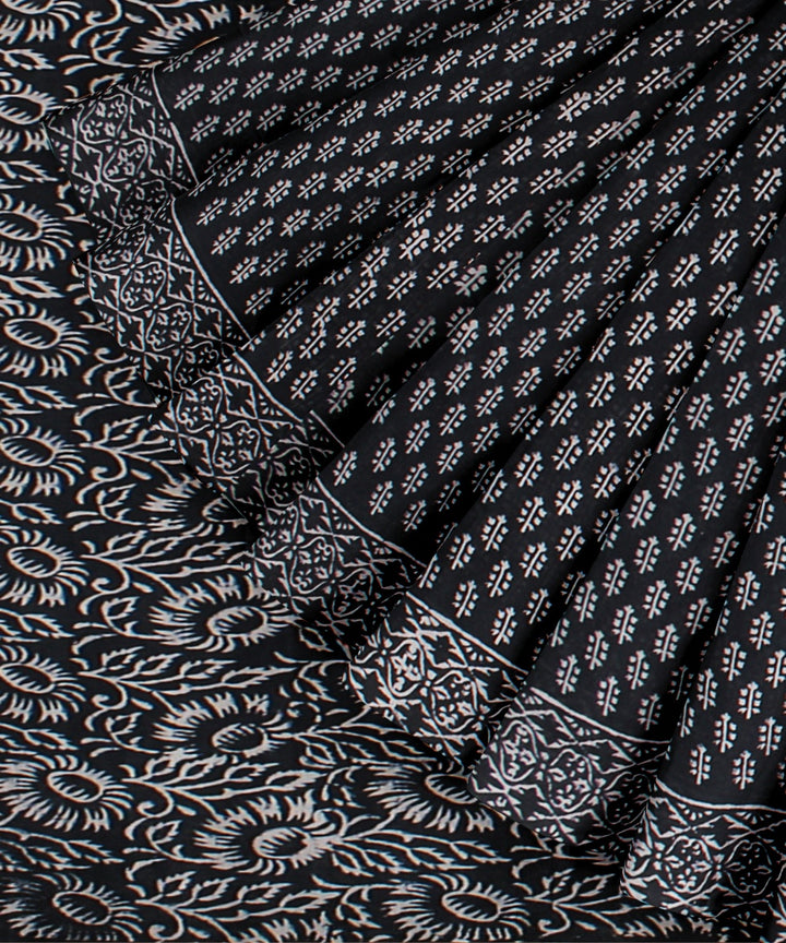 Handloom black cotton silk hand block printed chanderi saree
