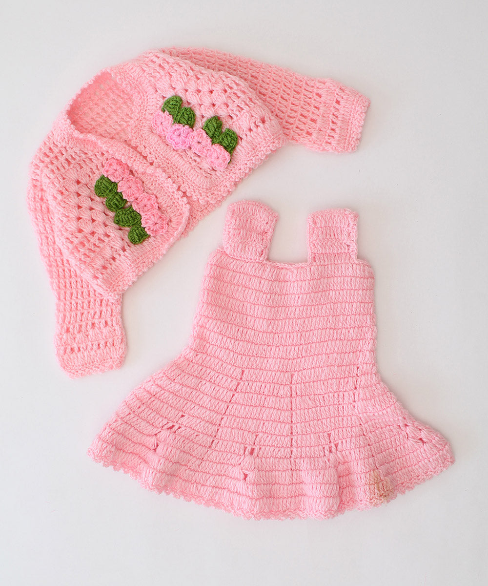 Pink green handmade acrylic knitted dress