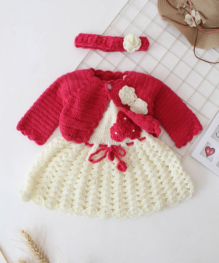 White pink handmade acrylic knitted dress