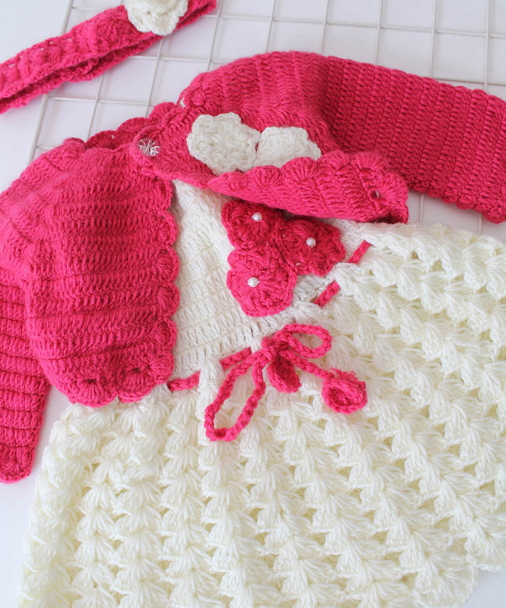 White pink handmade acrylic knitted dress