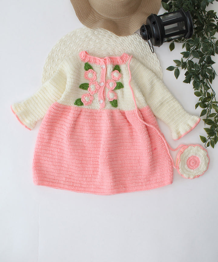 Pink white green handmade acrylic knitted dress