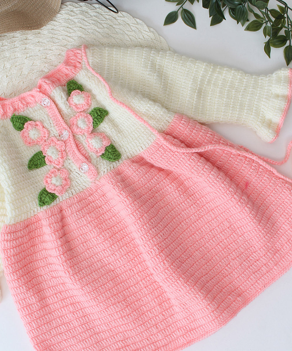 Pink white green handmade acrylic knitted dress