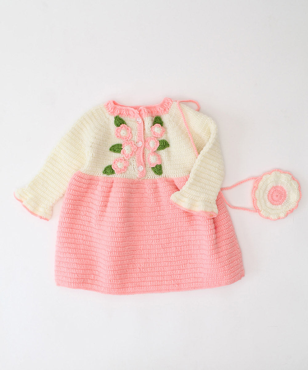 Pink white green handmade acrylic knitted dress