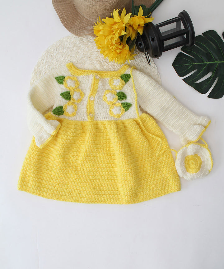 Yellow white handmade acrylic knitted dress