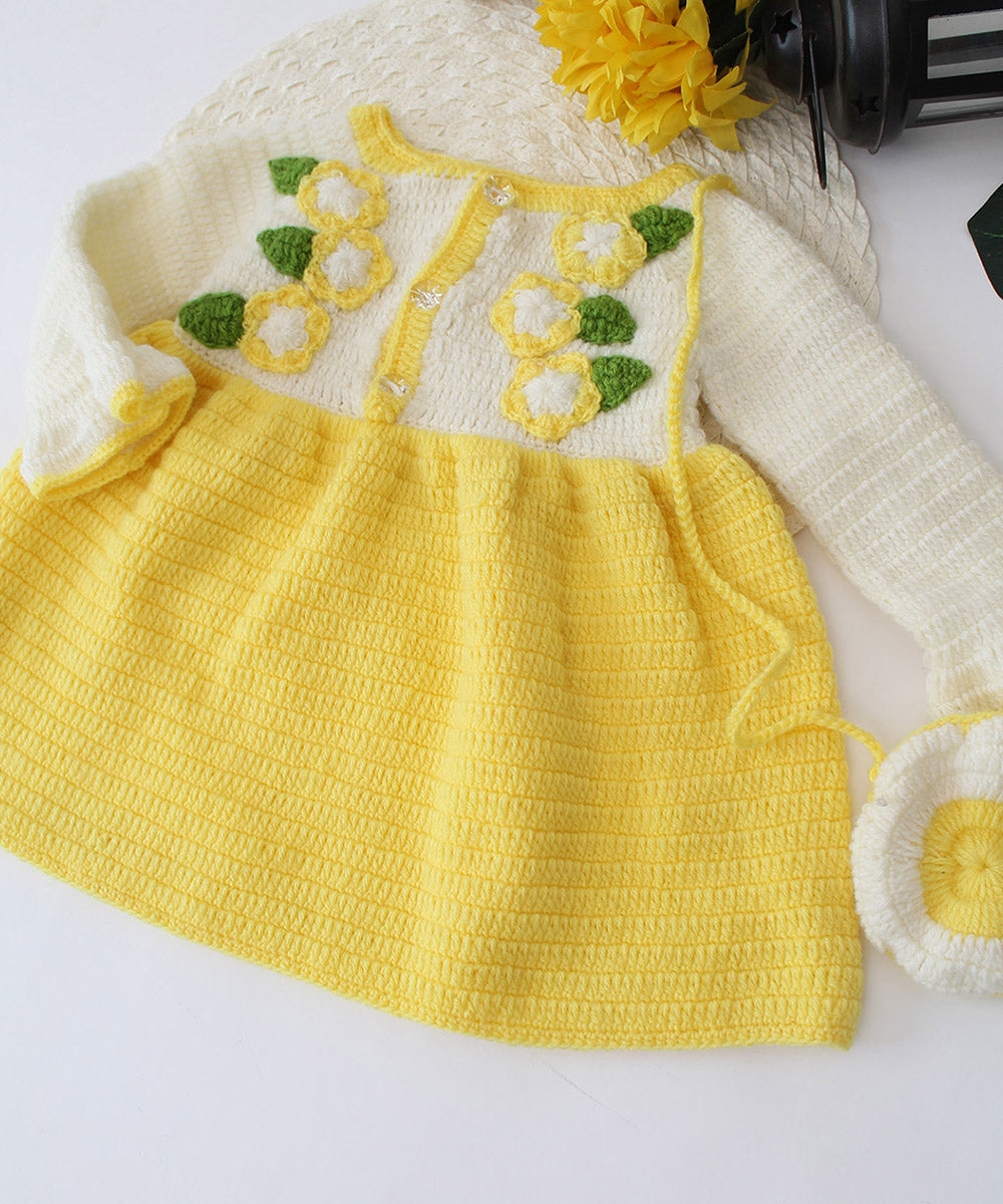 Yellow white handmade acrylic knitted dress