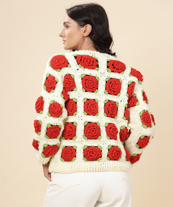 Hand knitted red white women sweater