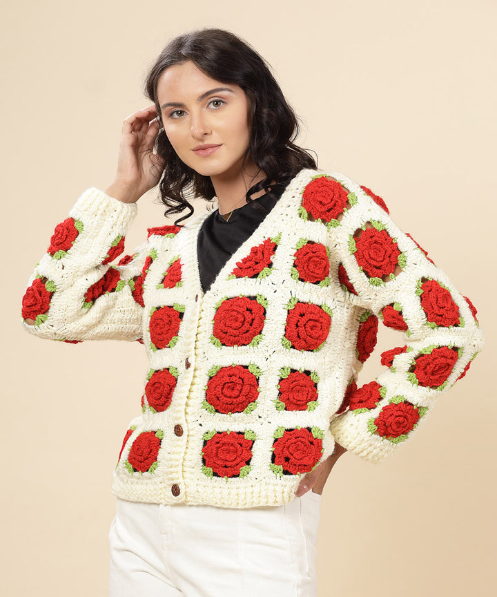 Hand knitted red white women sweater