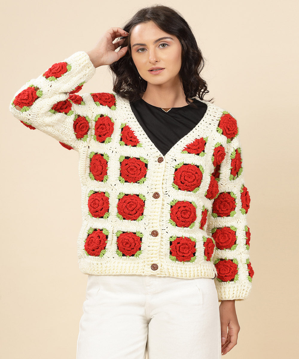 Hand knitted red white women sweater