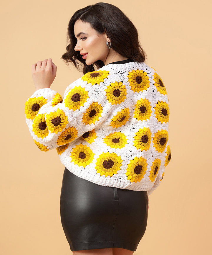 Hand knitted yellow white women sweater