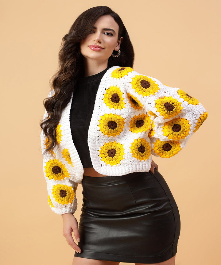 Hand knitted yellow white women sweater