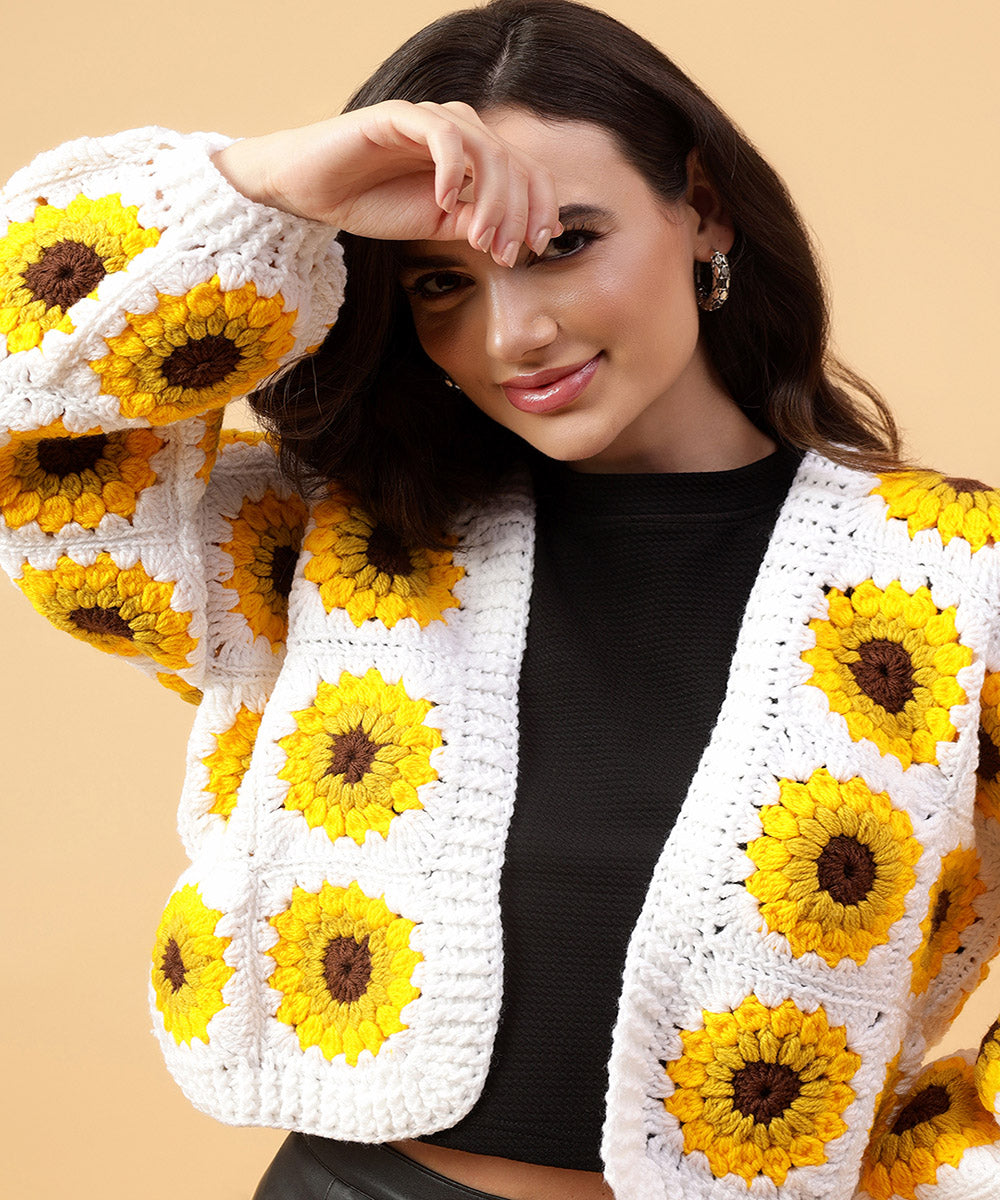 Hand knitted yellow white women sweater