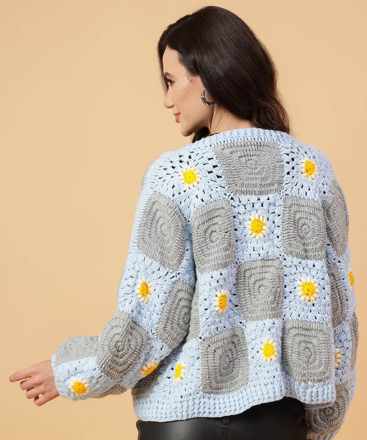 Hand knitted sky blue yellow women sweater