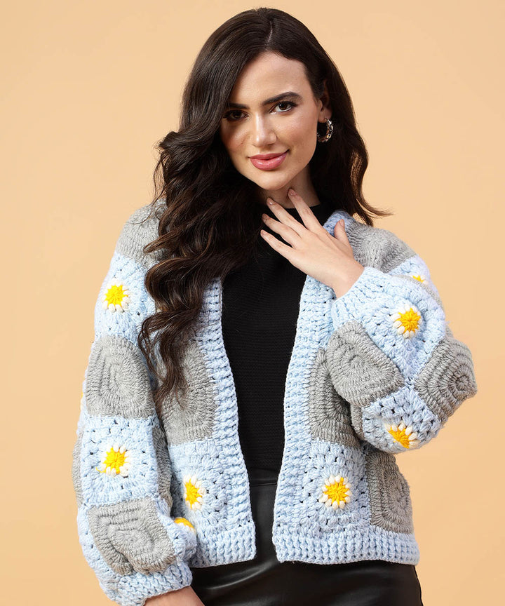 Hand knitted sky blue yellow women sweater