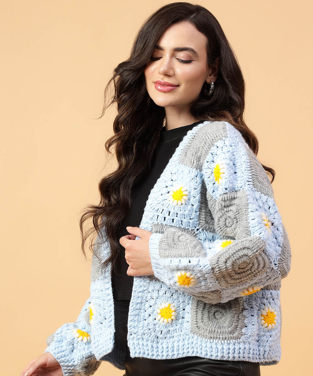 Hand knitted sky blue yellow women sweater