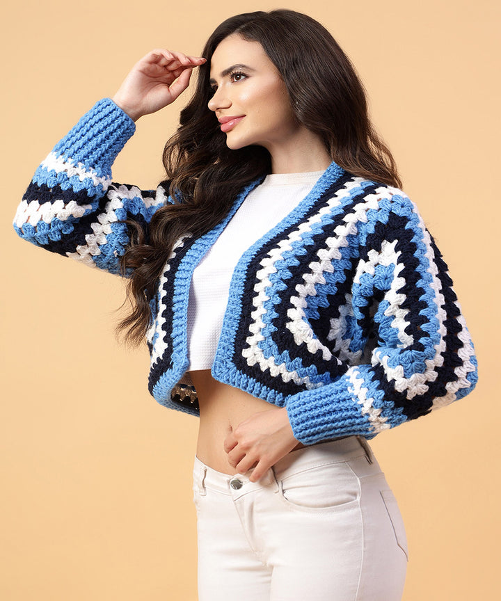 Hand knitted sky blue black women sweater