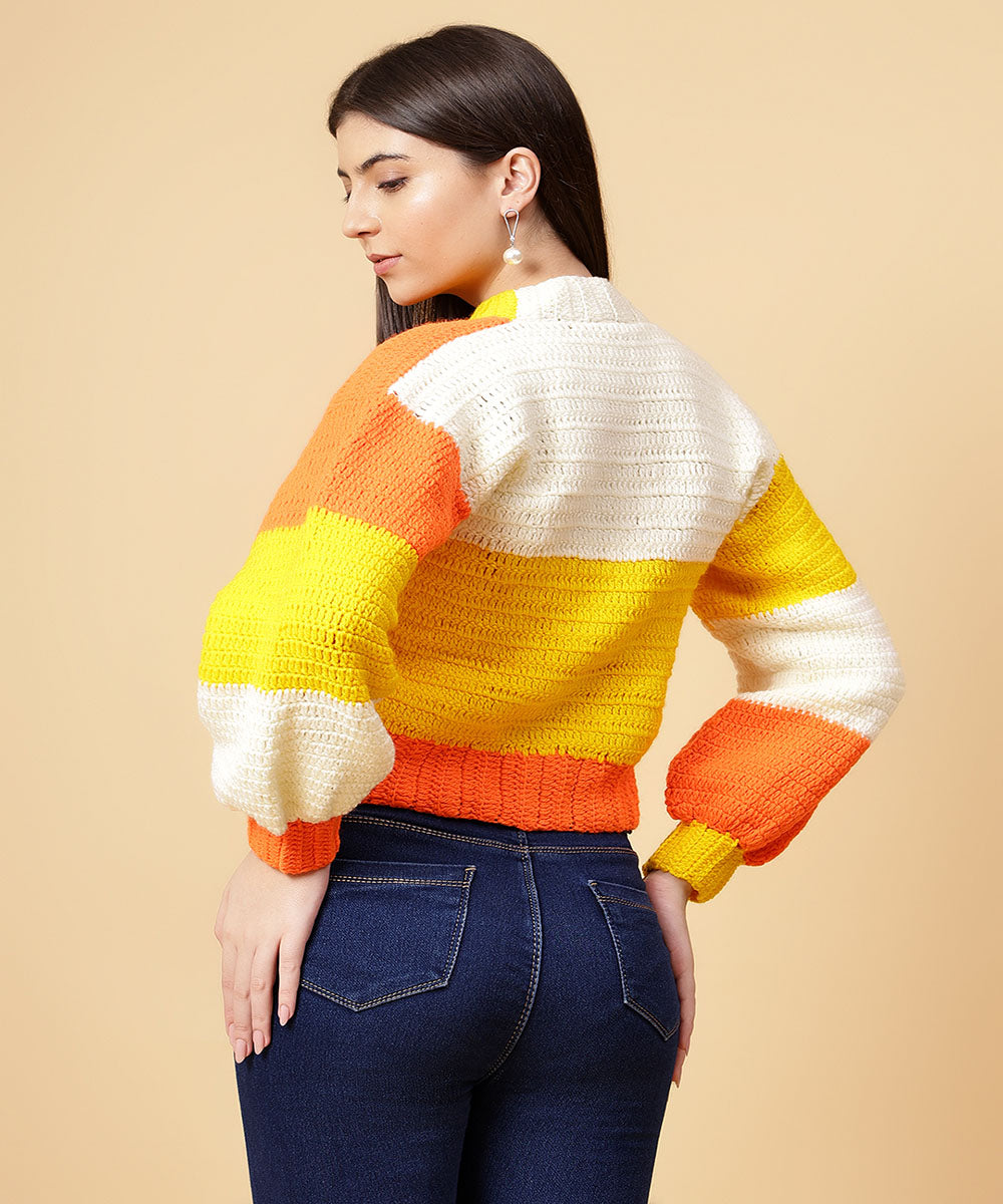 Hand knitted women yellow borwn sweater