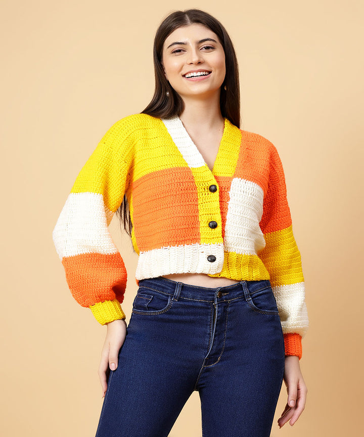 Hand knitted women yellow borwn sweater