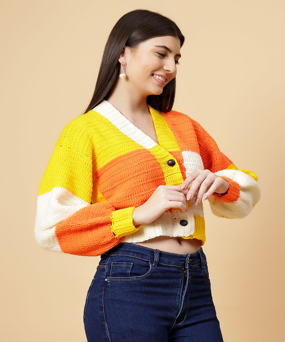 Hand knitted women yellow borwn sweater