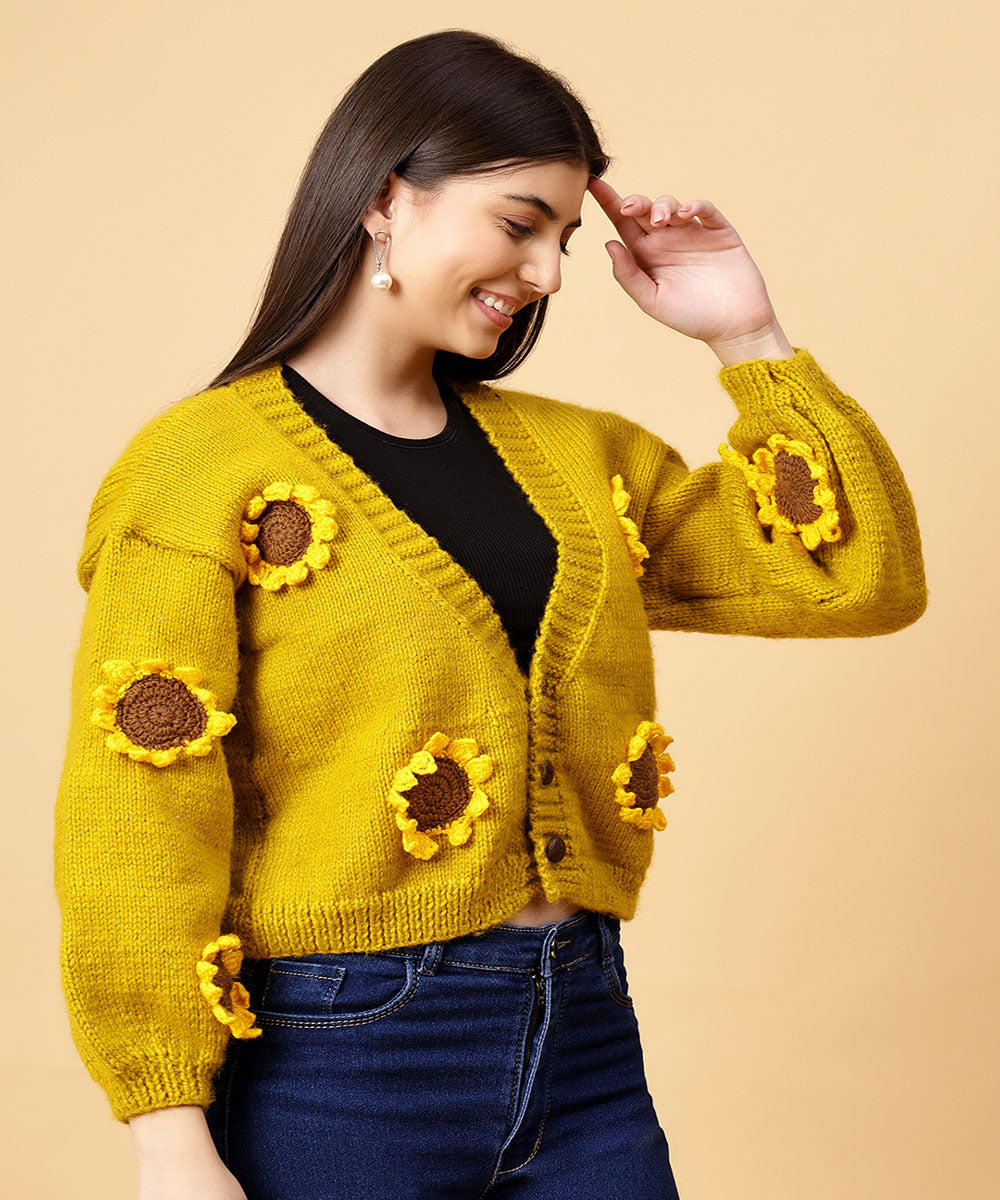 Hand knitted yellow borwn women sweater