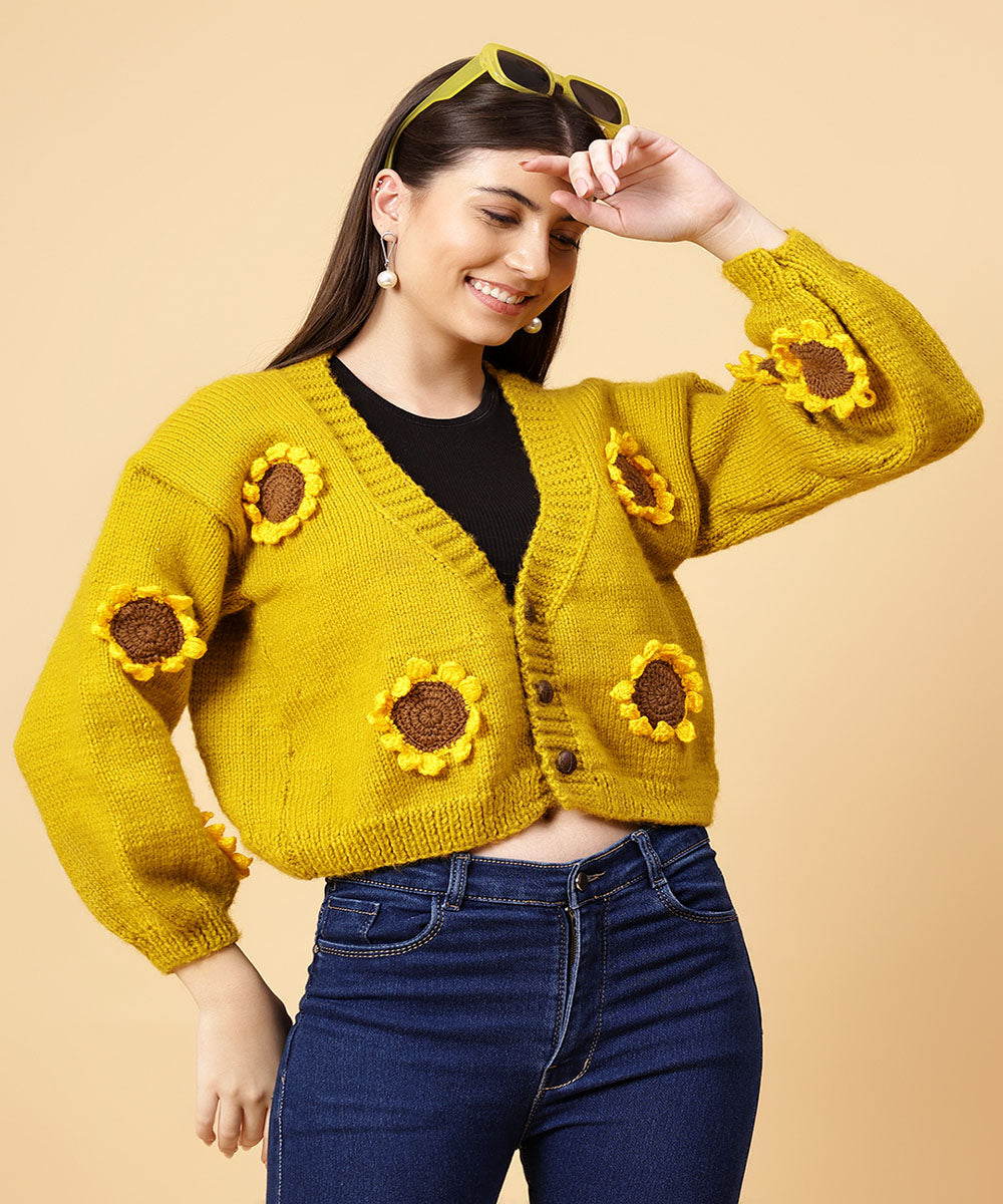 Hand knitted yellow borwn women sweater