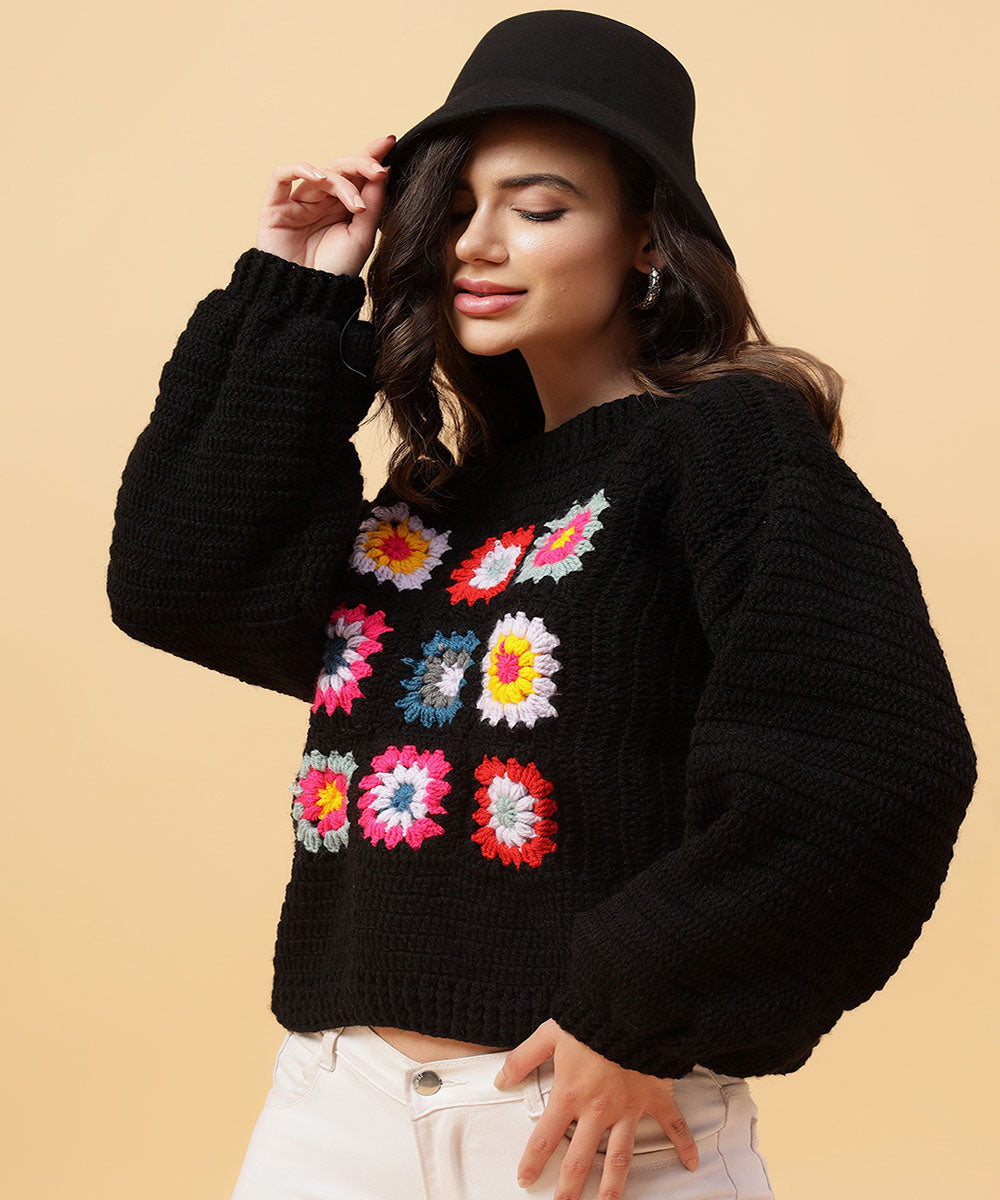 Hand knitted black multicolour women sweater