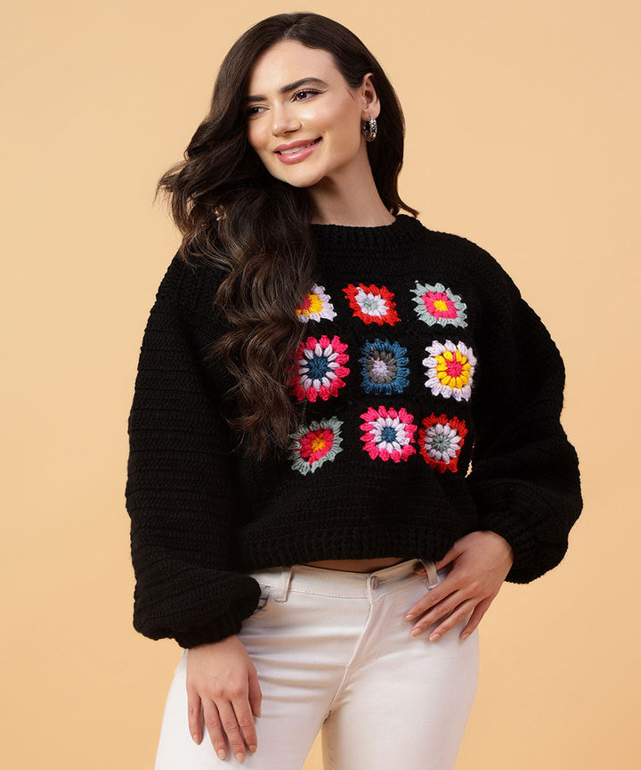 Hand knitted black multicolour women sweater