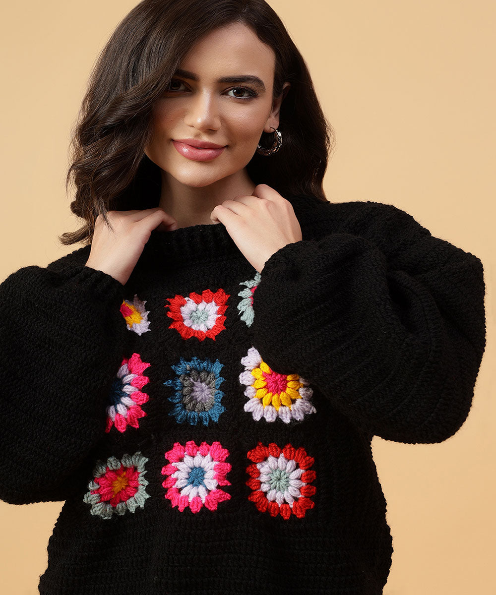 Hand knitted black multicolour women sweater