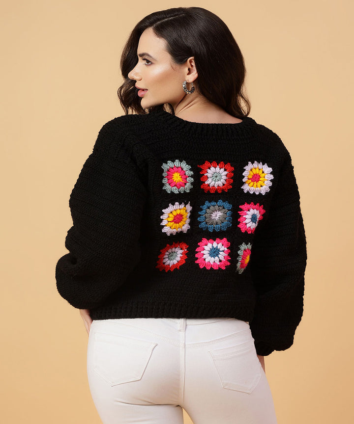 Hand knitted black multicolour women sweater