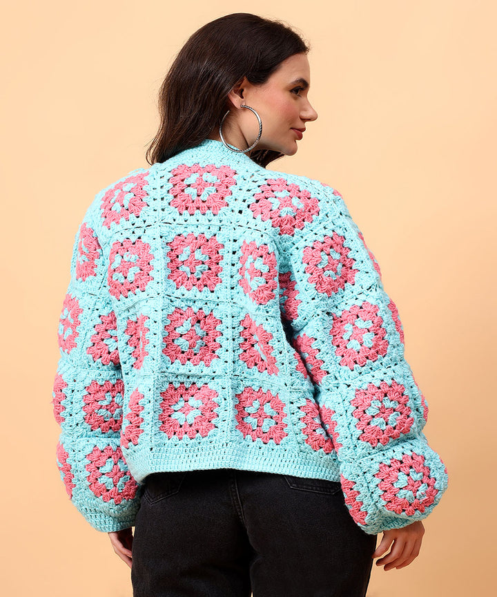 Hand knitted sky blue pink women sweater